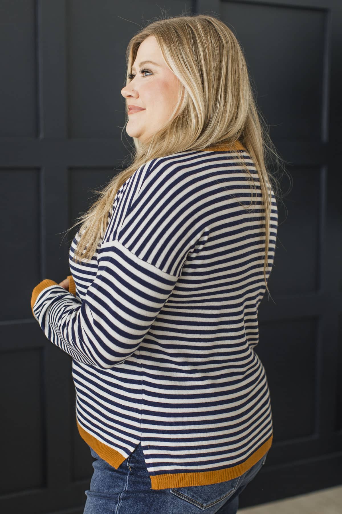 You Are Enough Lightweight Striped Knit Sweater- Navy & Butterscotch - Image 5