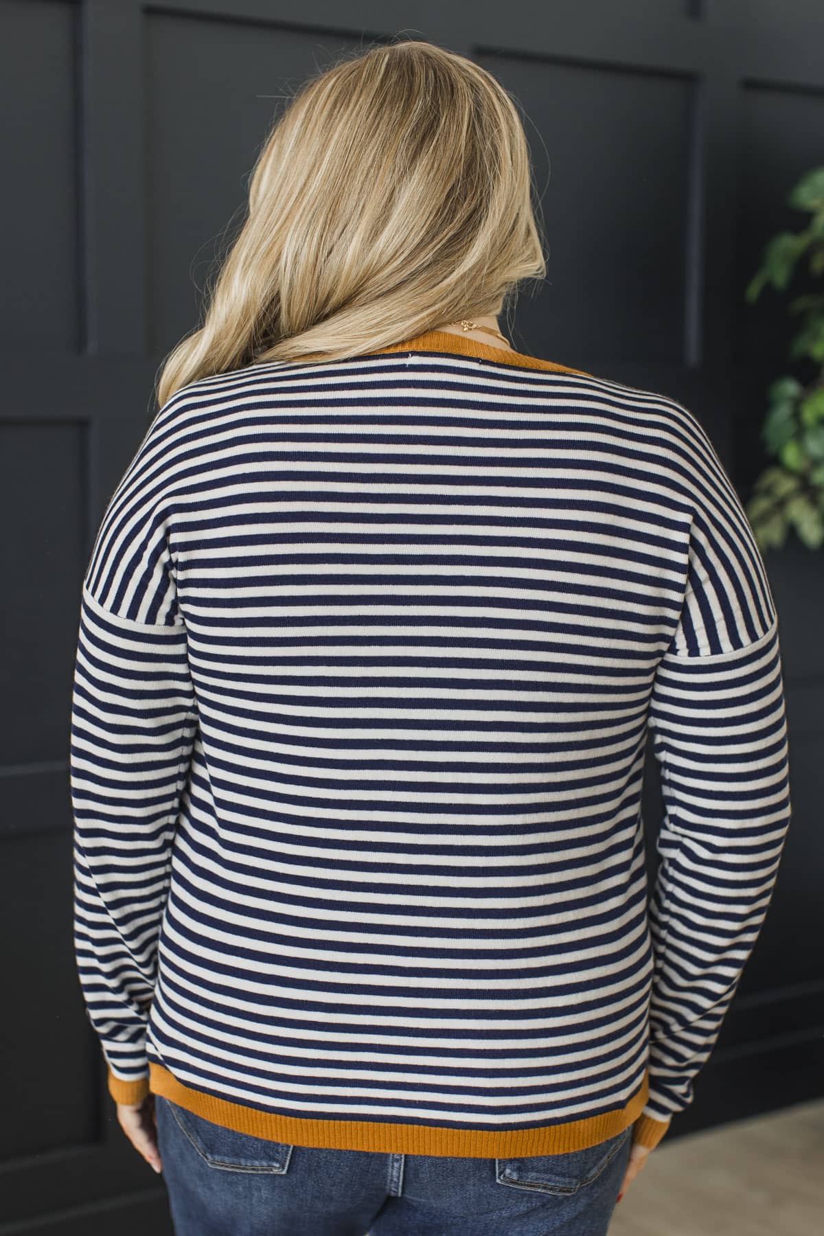 You Are Enough Lightweight Striped Knit Sweater- Navy & Butterscotch - Image 7