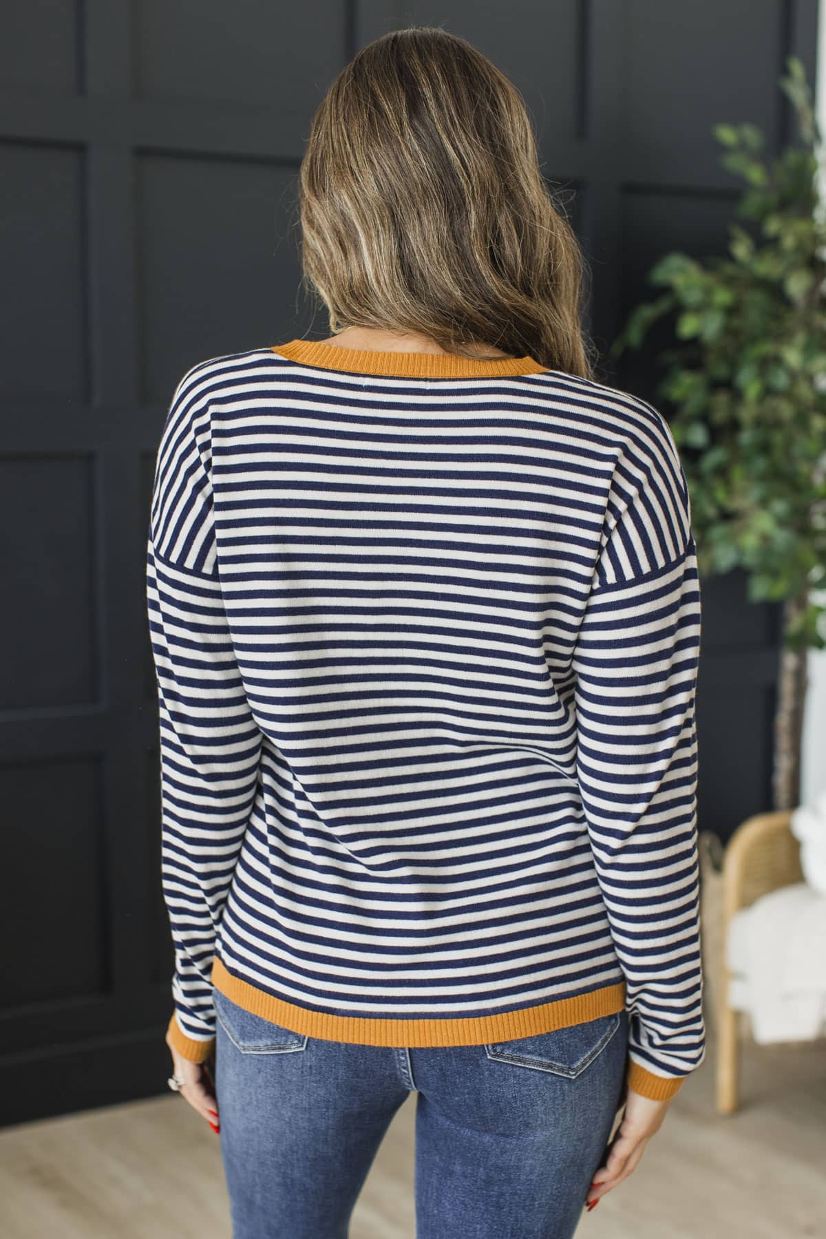 You Are Enough Lightweight Striped Knit Sweater- Navy & Butterscotch - Image 8