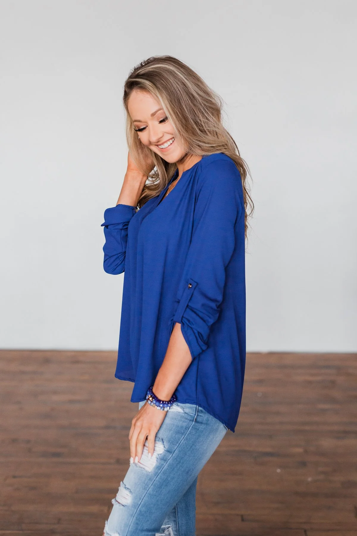 You Can Tell Me V-Neck Blouse- Royal Blue - Image 9