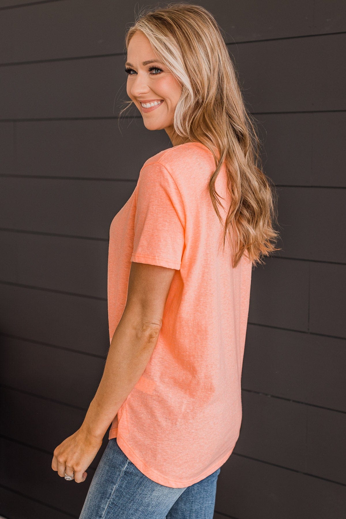 You Found My Heart V-Neck Top- Neon Coral - Image 3
