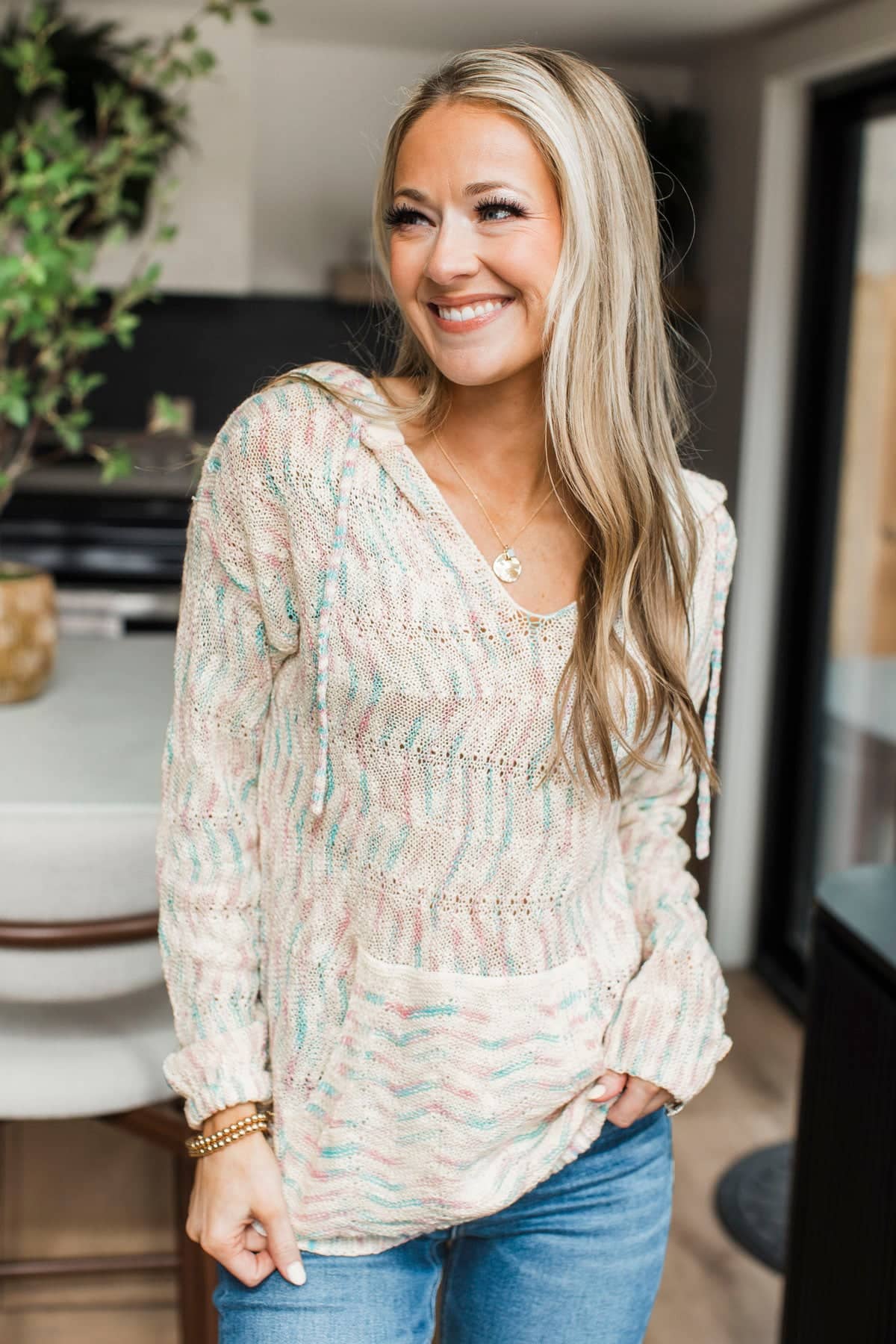 You Have My Heart Hooded Chevron Knit Sweater- Ivory - Image 4