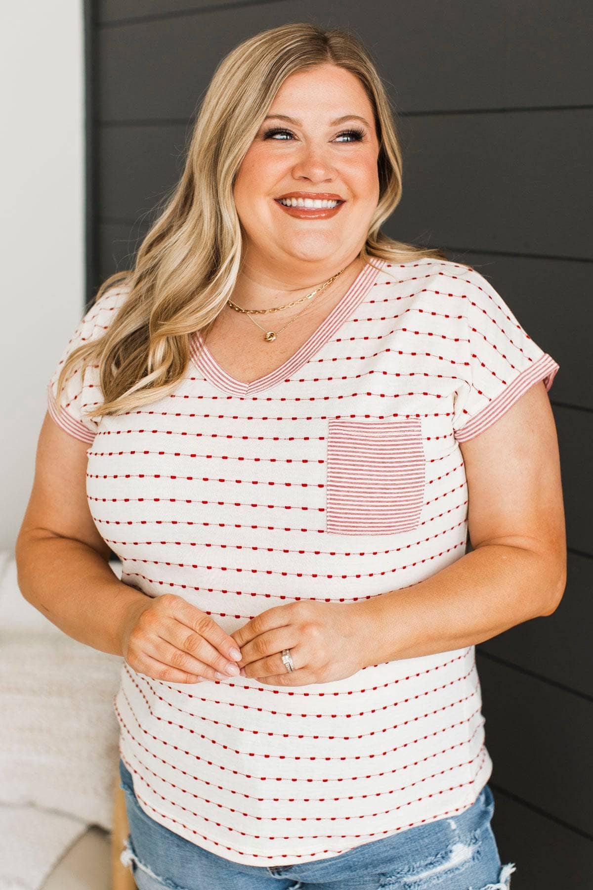 You Impress Me Striped V-Neck Top- Ivory & Red - Image 3