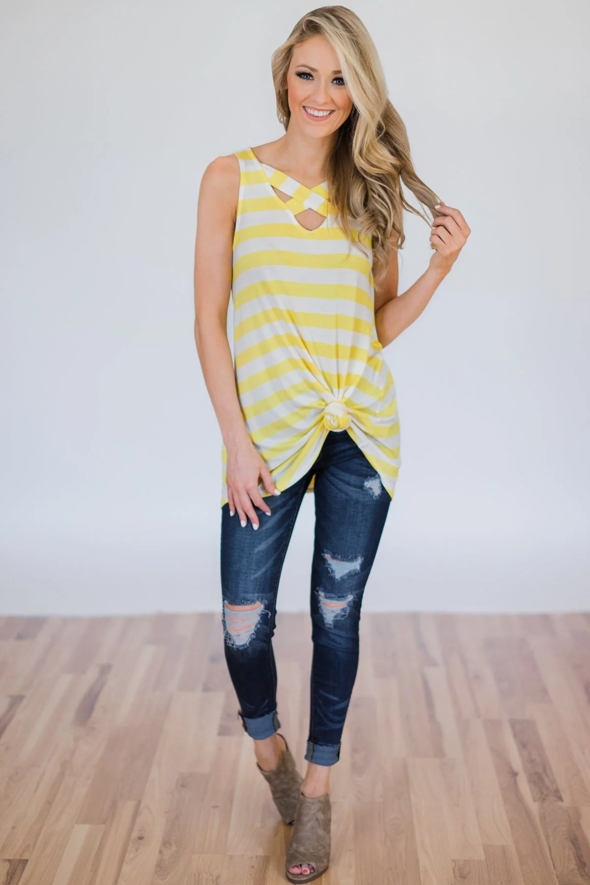 You Make Me Happy Striped Tunic Tank Top- Yellow - Image 2