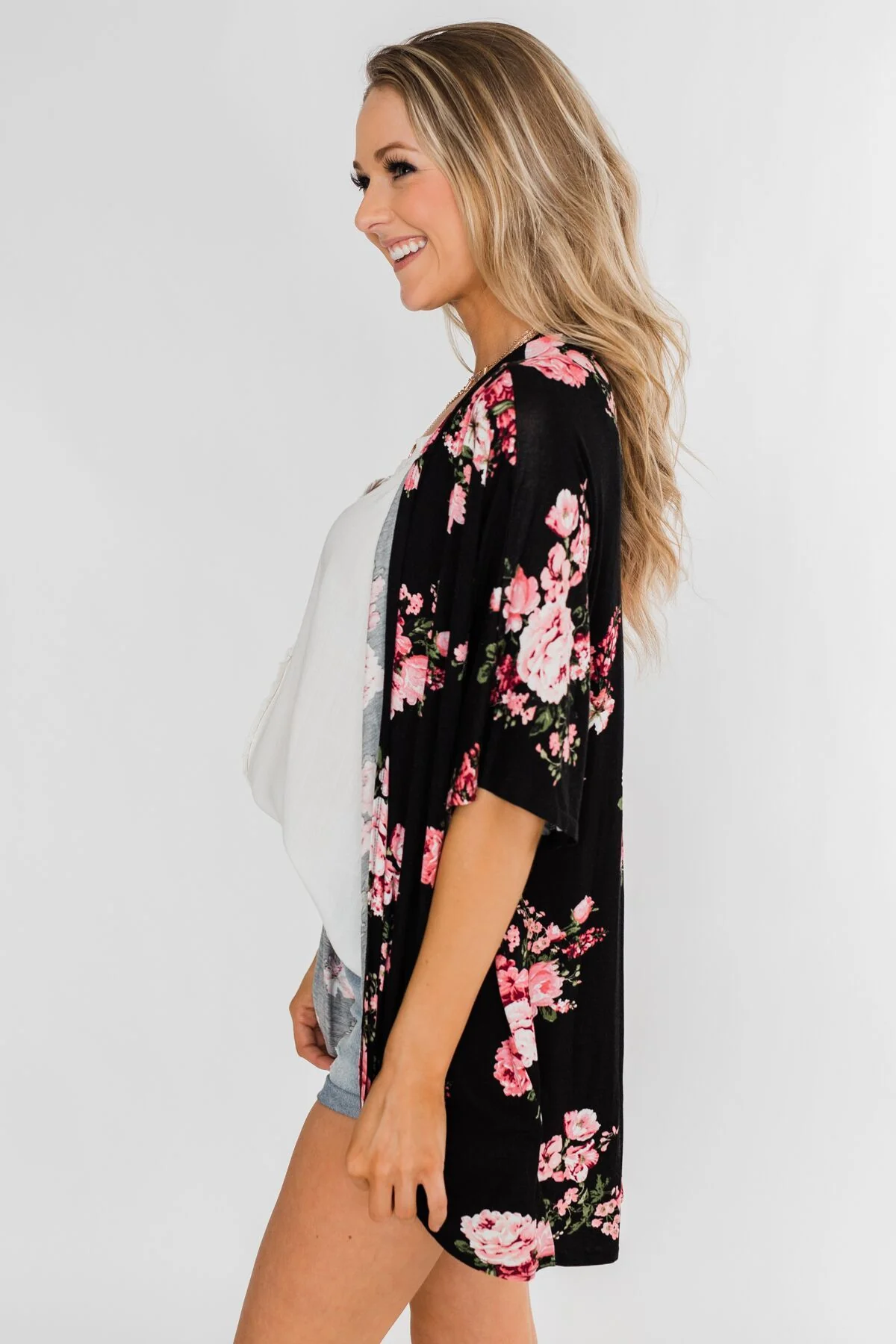 You Make Me Speechless Floral Kimono- Black - Image 4
