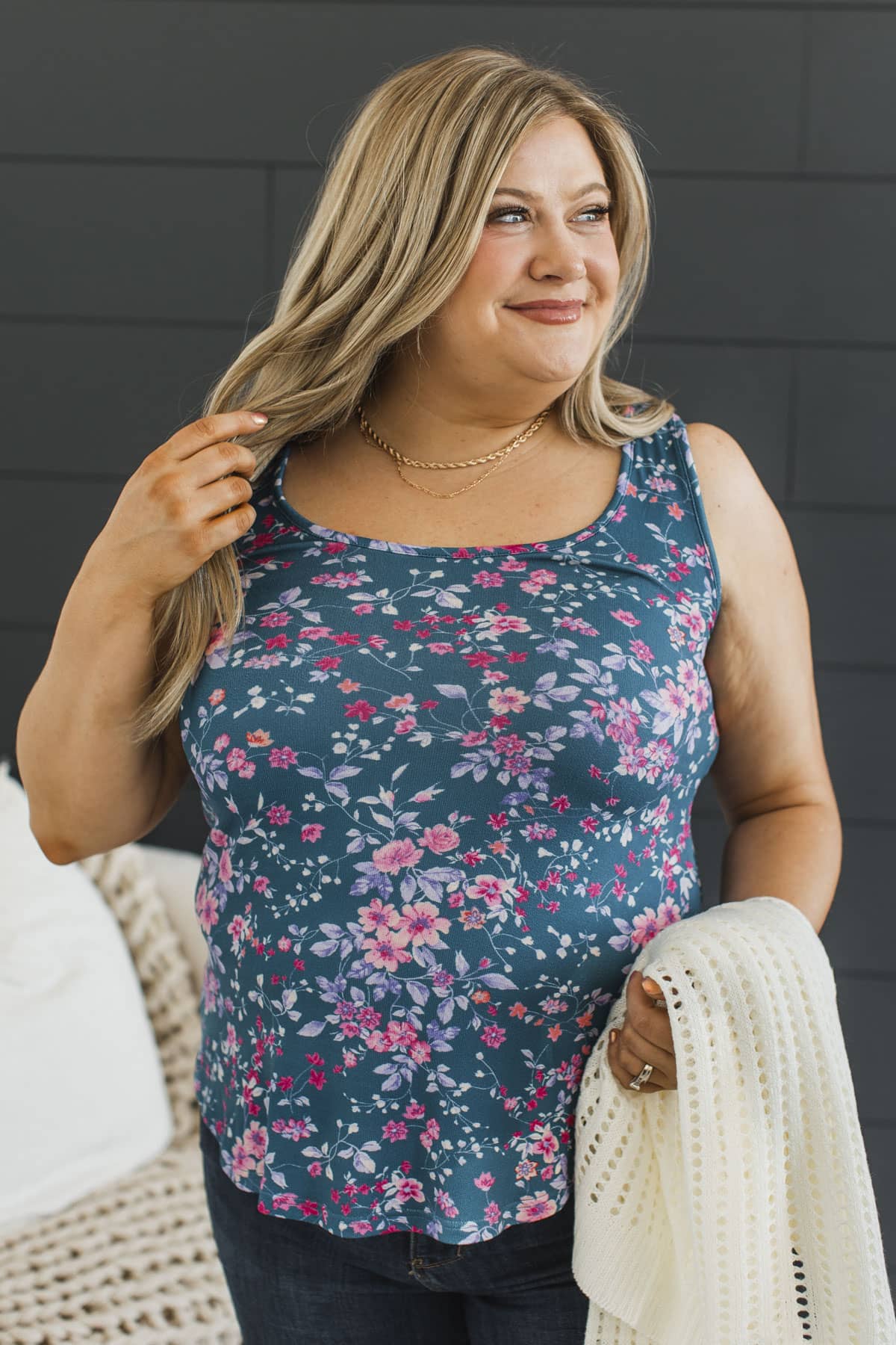 You Stole My Heart Floral Tank Top- Teal & Lilac - Image 4