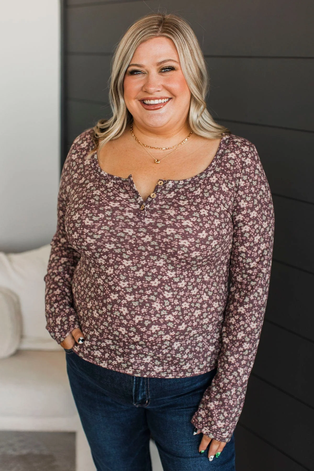 Your Forever Floral Henley Top- Brown - Image 2