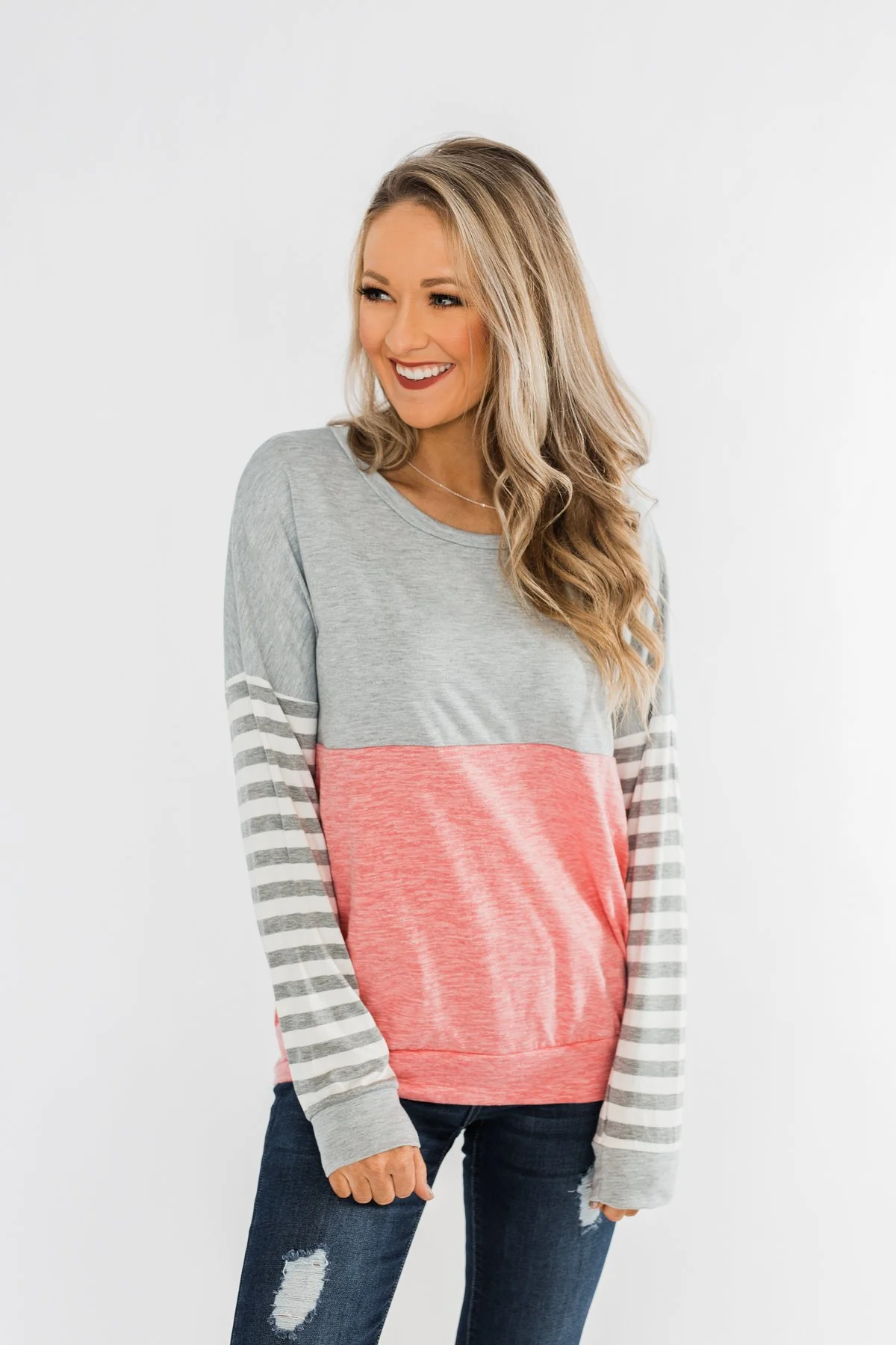 Your Hand In Mine Color Block Top- Grey & Pink