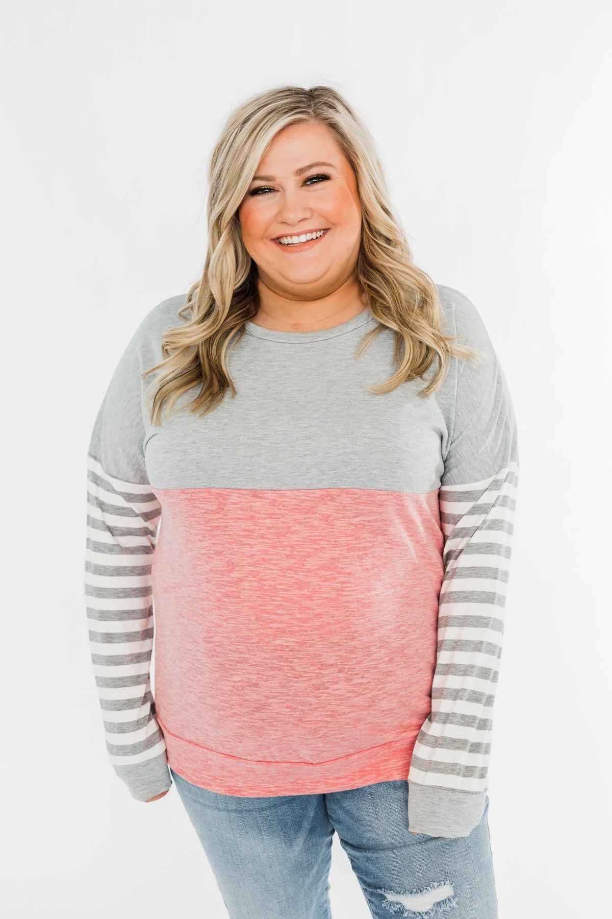 Your Hand In Mine Color Block Top- Grey & Pink - Image 2