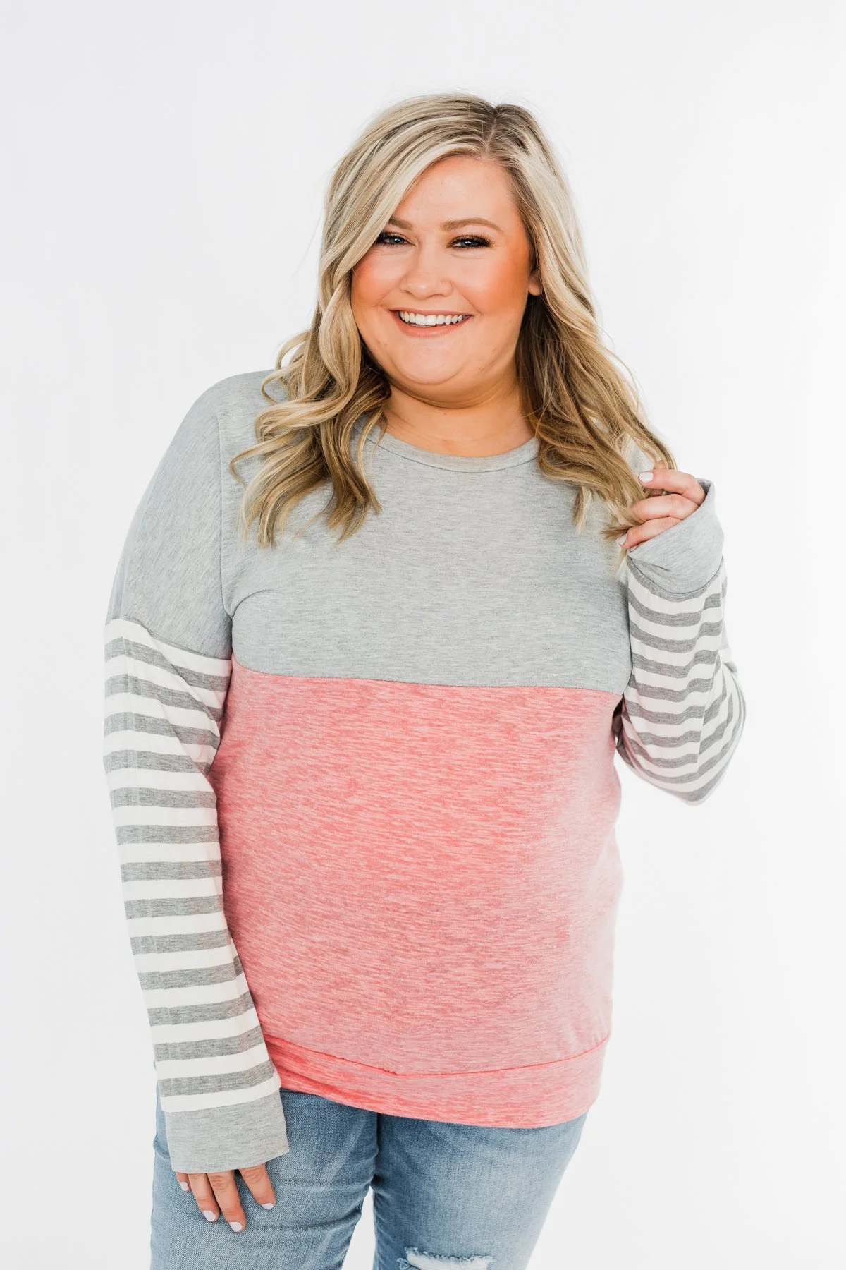 Your Hand In Mine Color Block Top- Grey & Pink - Image 4