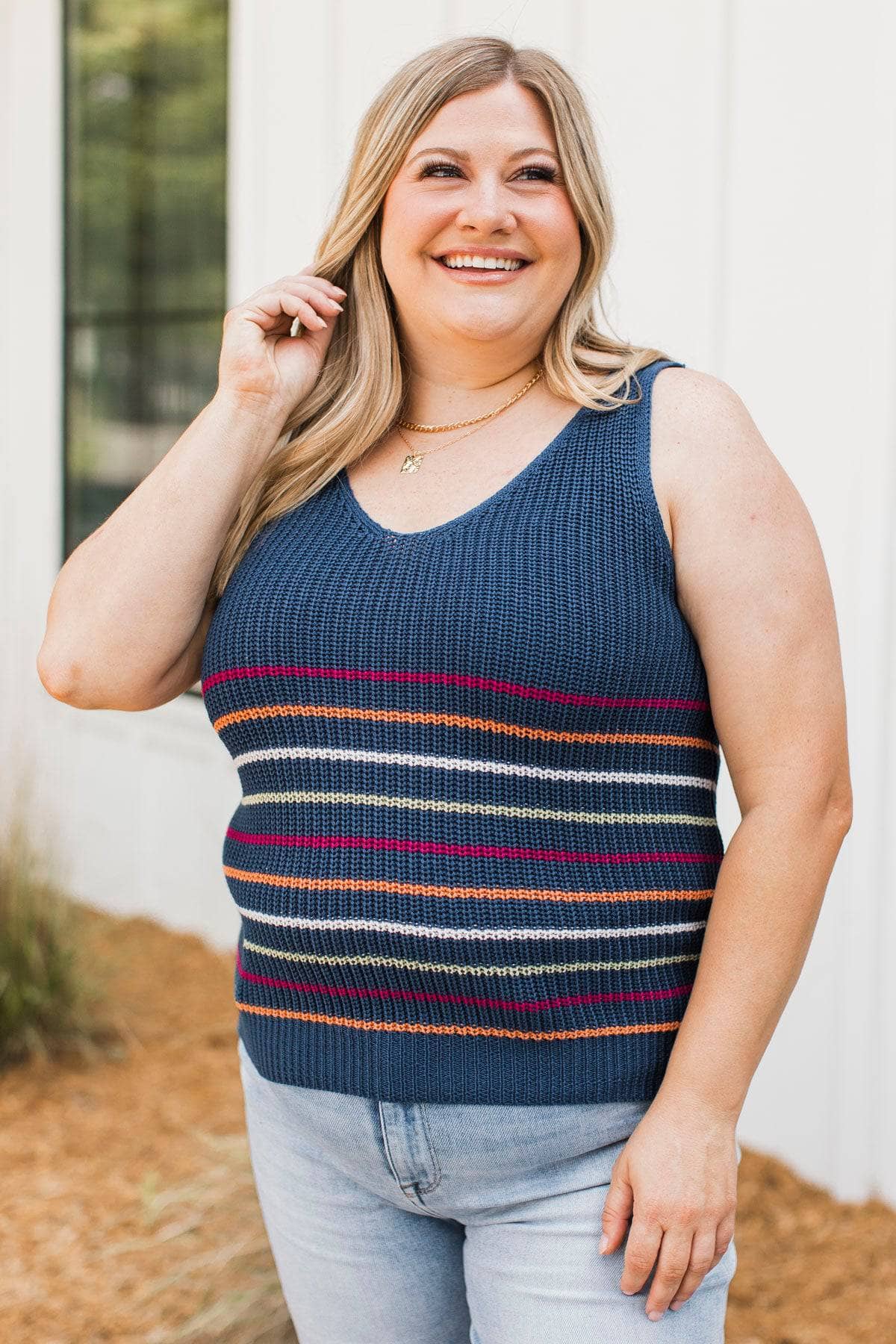 You're Breathtaking Striped Knit Tank Top- Navy - Image 4