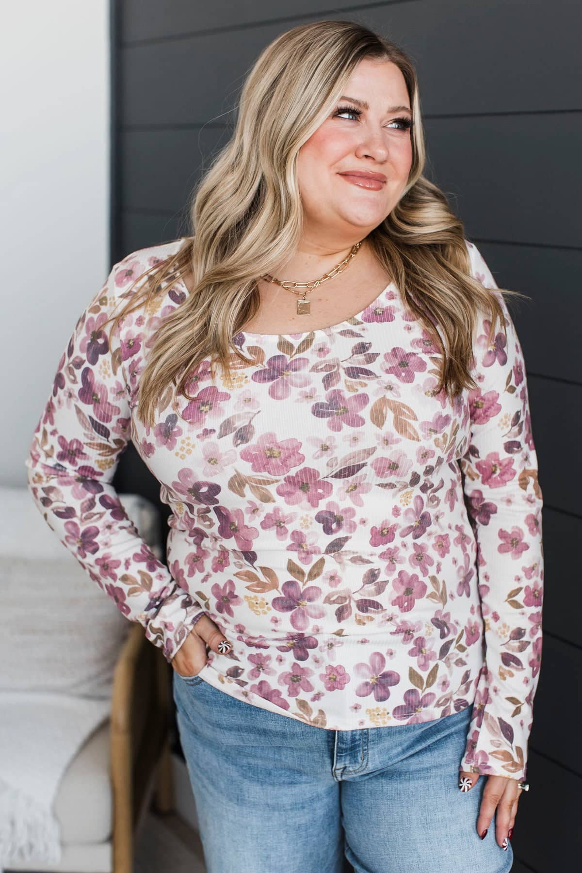 You're Magnificent Long Sleeve Floral Top- Ivory & Dark Mauve - Image 4