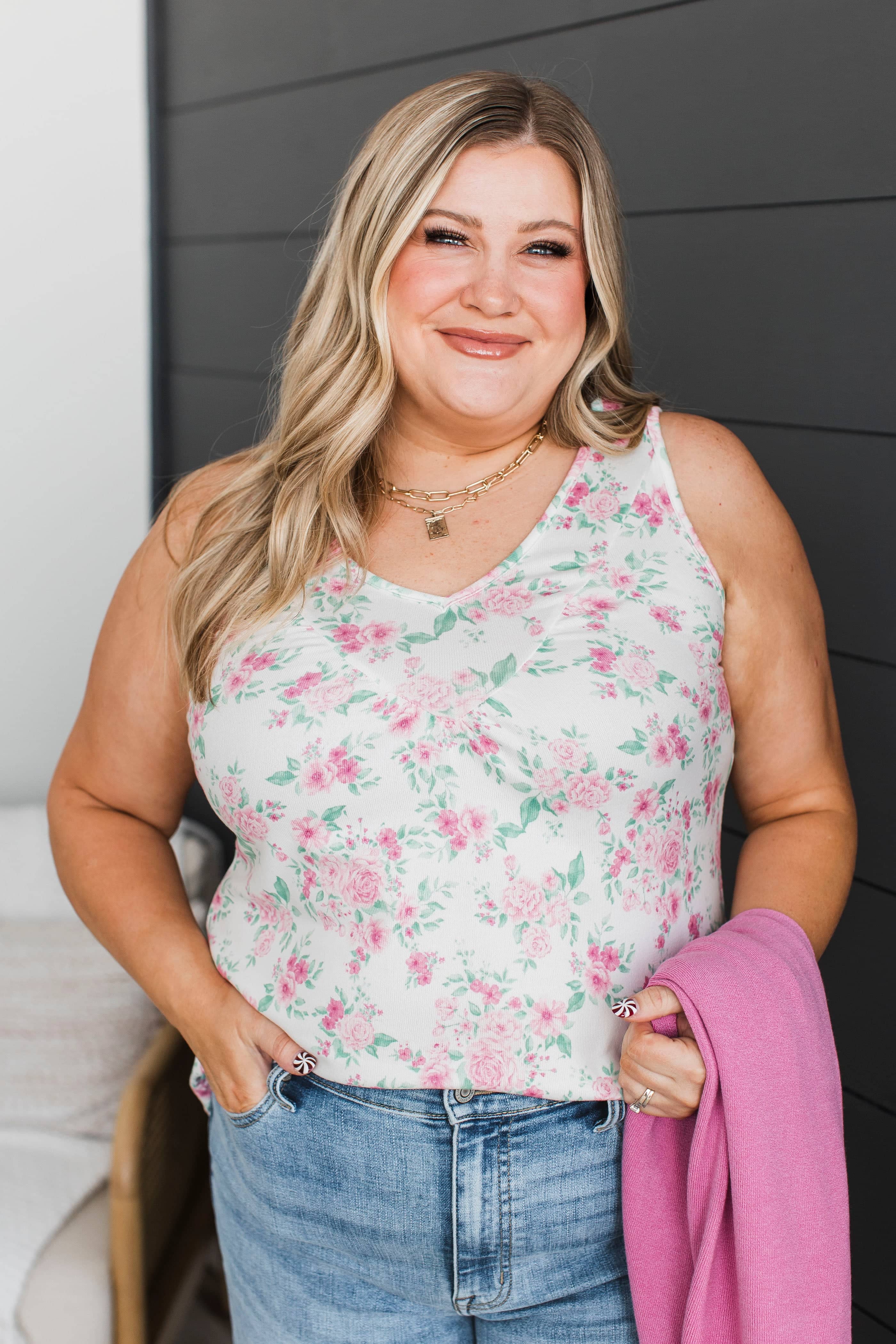 Yours For Life Floral Tank Top- Ivory & Pink - Image 4