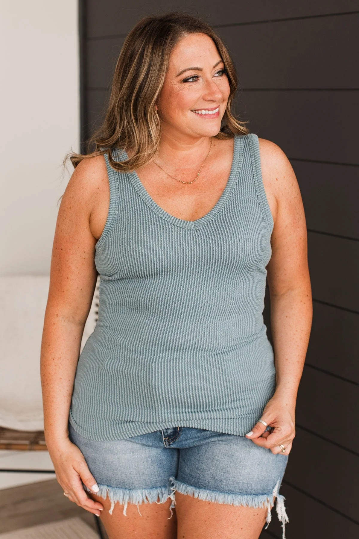 Yours Forever Ribbed Knit Tank Top- Dusty Teal - Image 4