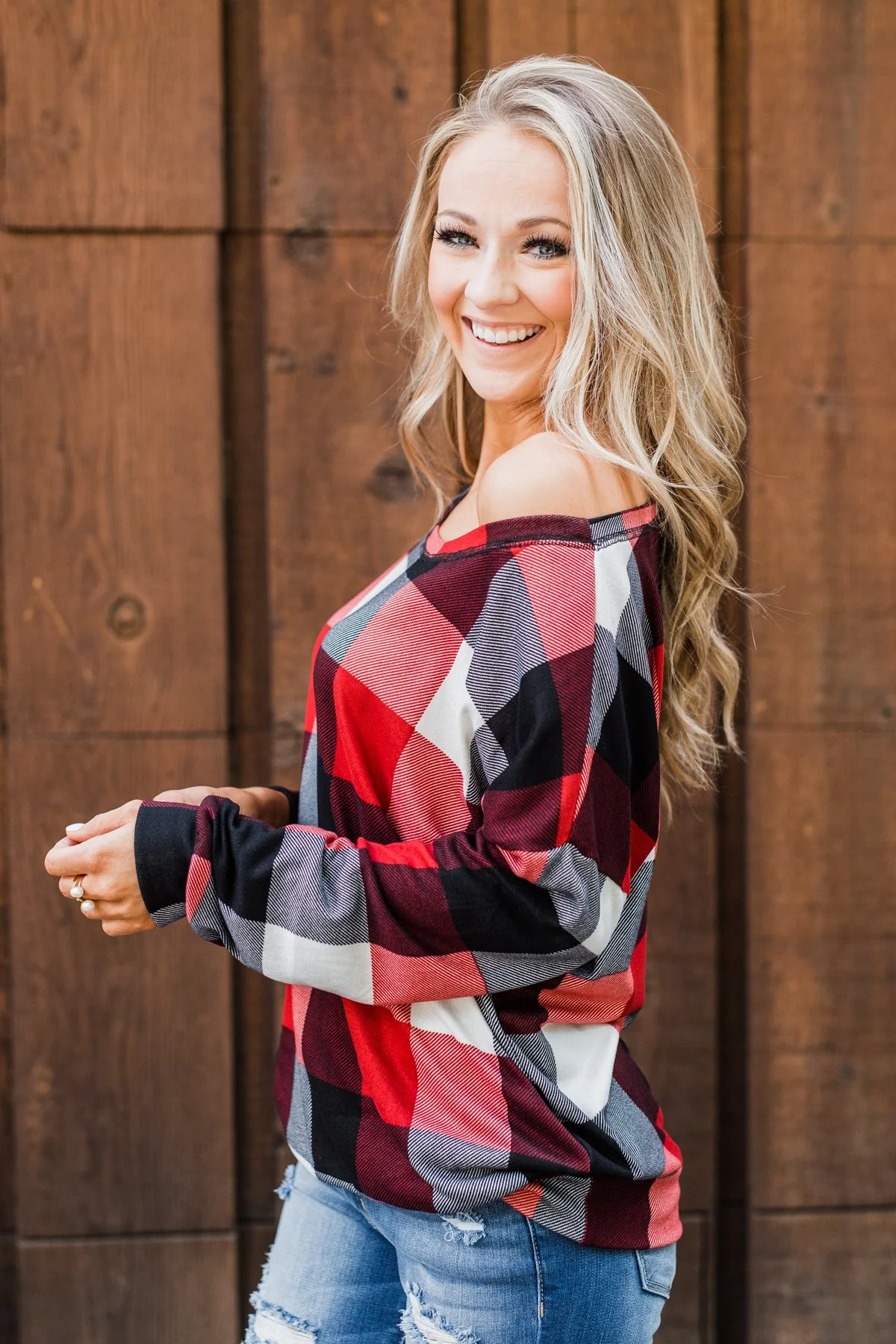 Yours Truly Checkered Off The Shoulder Top- Red - Image 10
