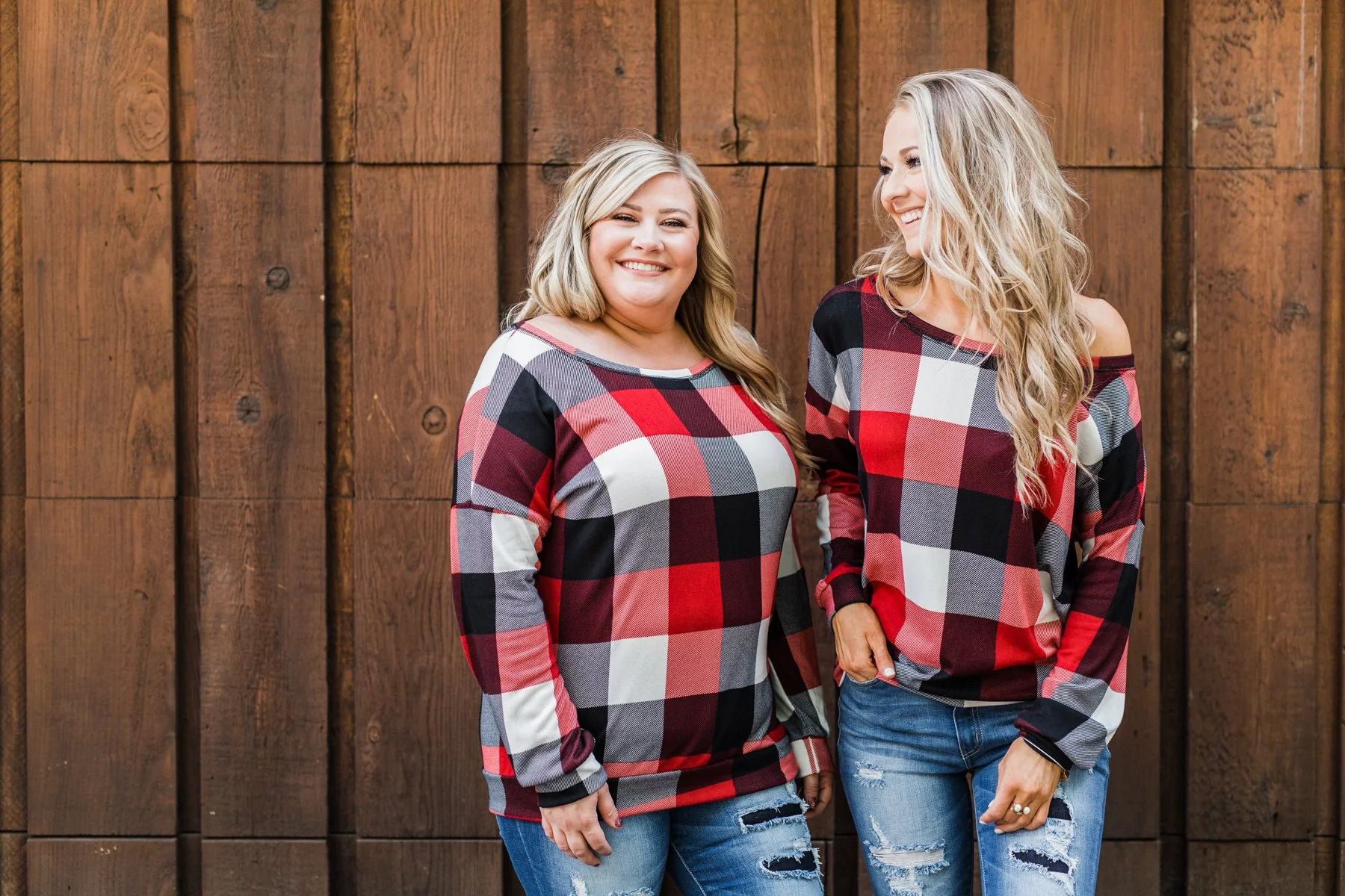 Yours Truly Checkered Off The Shoulder Top- Red - Image 3