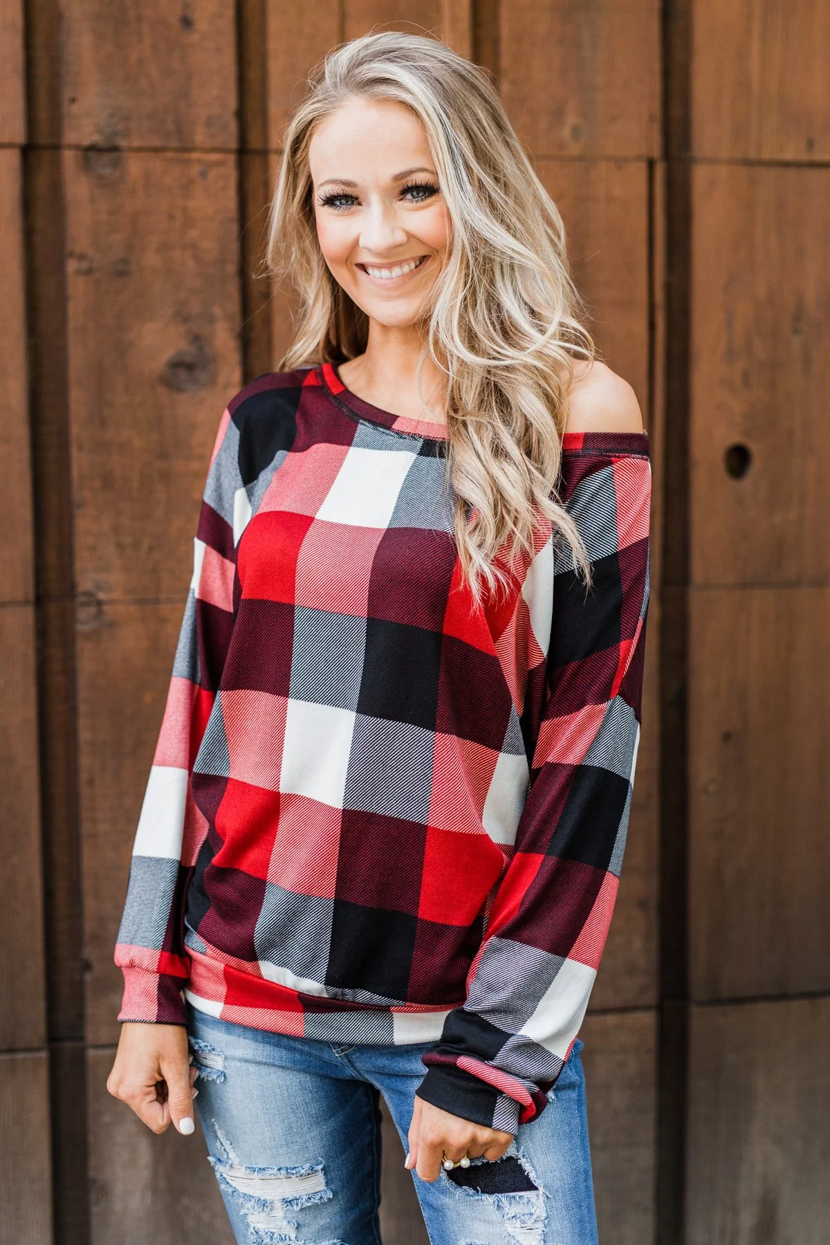 Yours Truly Checkered Off The Shoulder Top- Red - Image 4