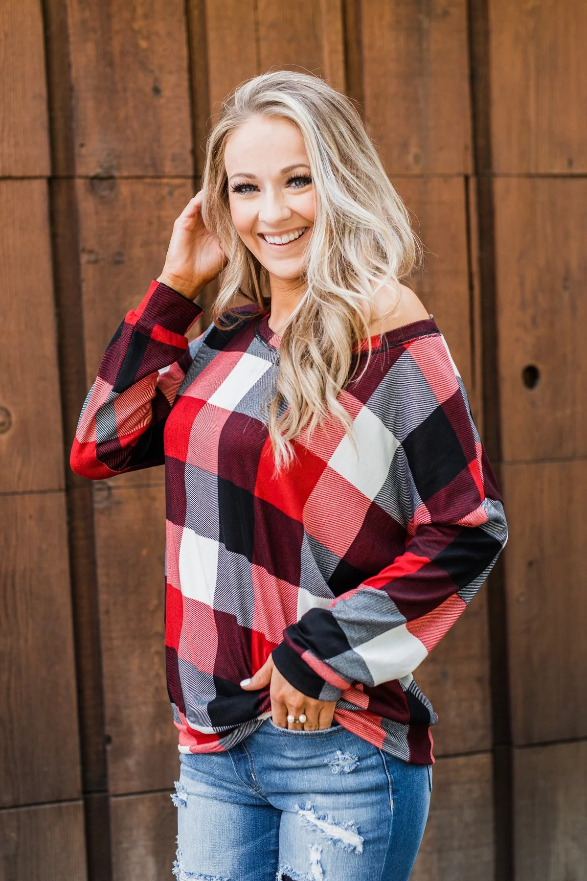 Yours Truly Checkered Off The Shoulder Top- Red - Image 6