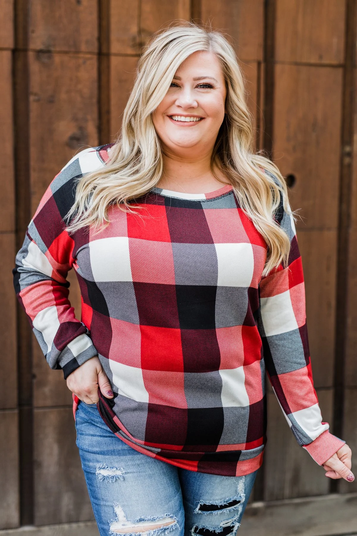 Yours Truly Checkered Off The Shoulder Top- Red - Image 9