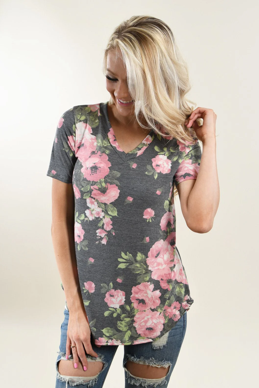 Yours Truly Floral V-Neck Charcoal - Image 3