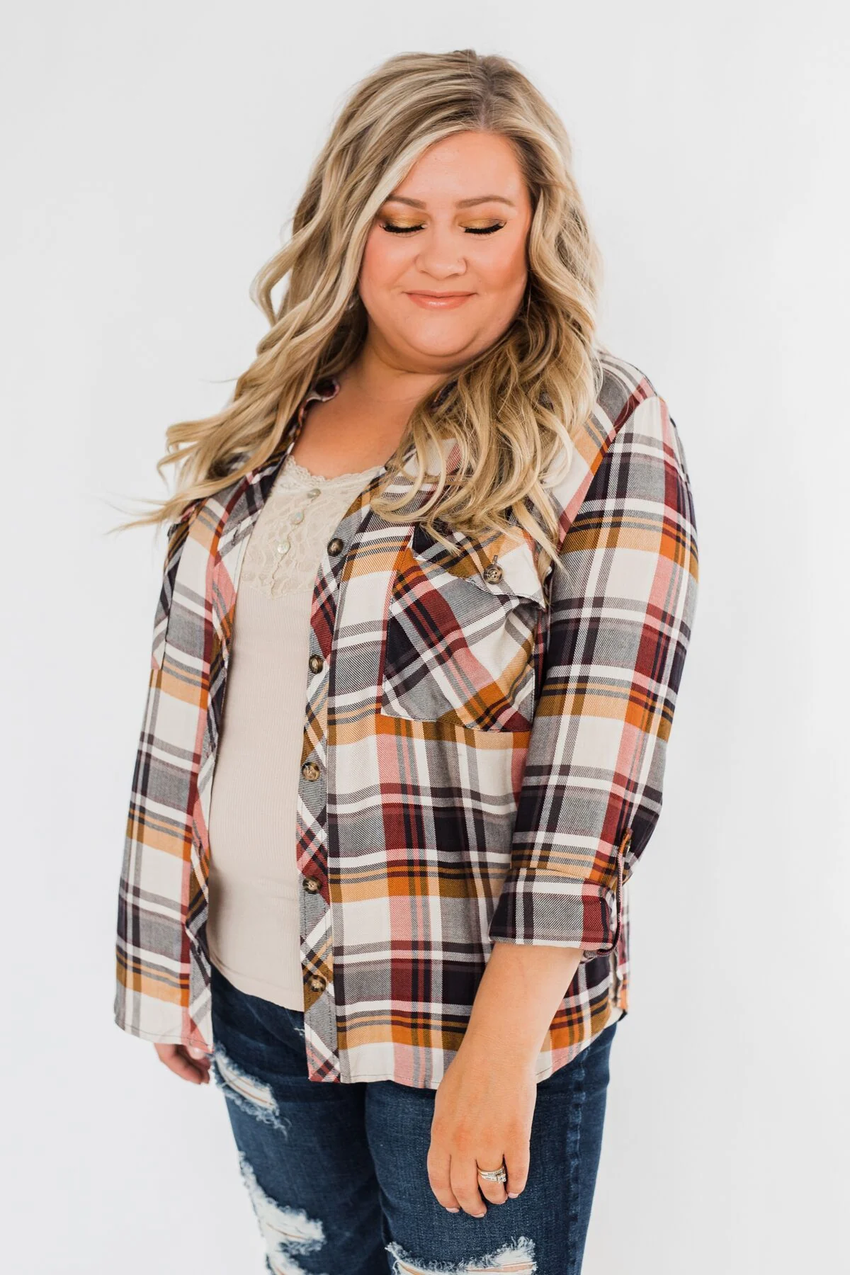 You've Got Me Hooked Flannel Top- Navy & Rust - Image 12