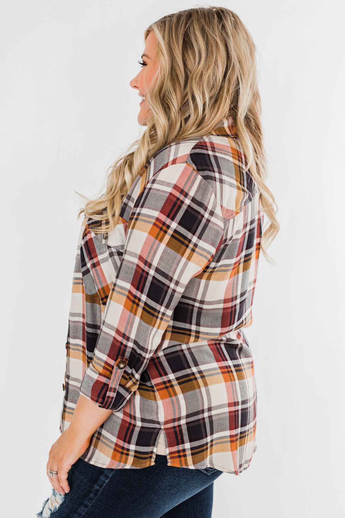 You've Got Me Hooked Flannel Top- Navy & Rust - Image 13