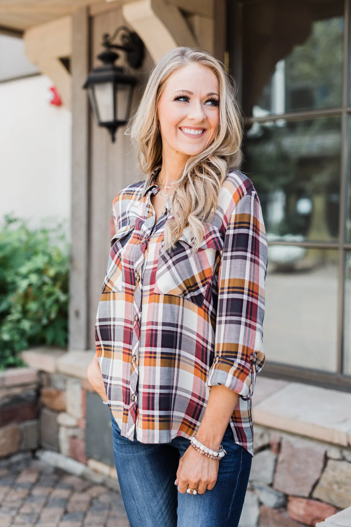 You've Got Me Hooked Flannel Top- Navy & Rust - Image 3