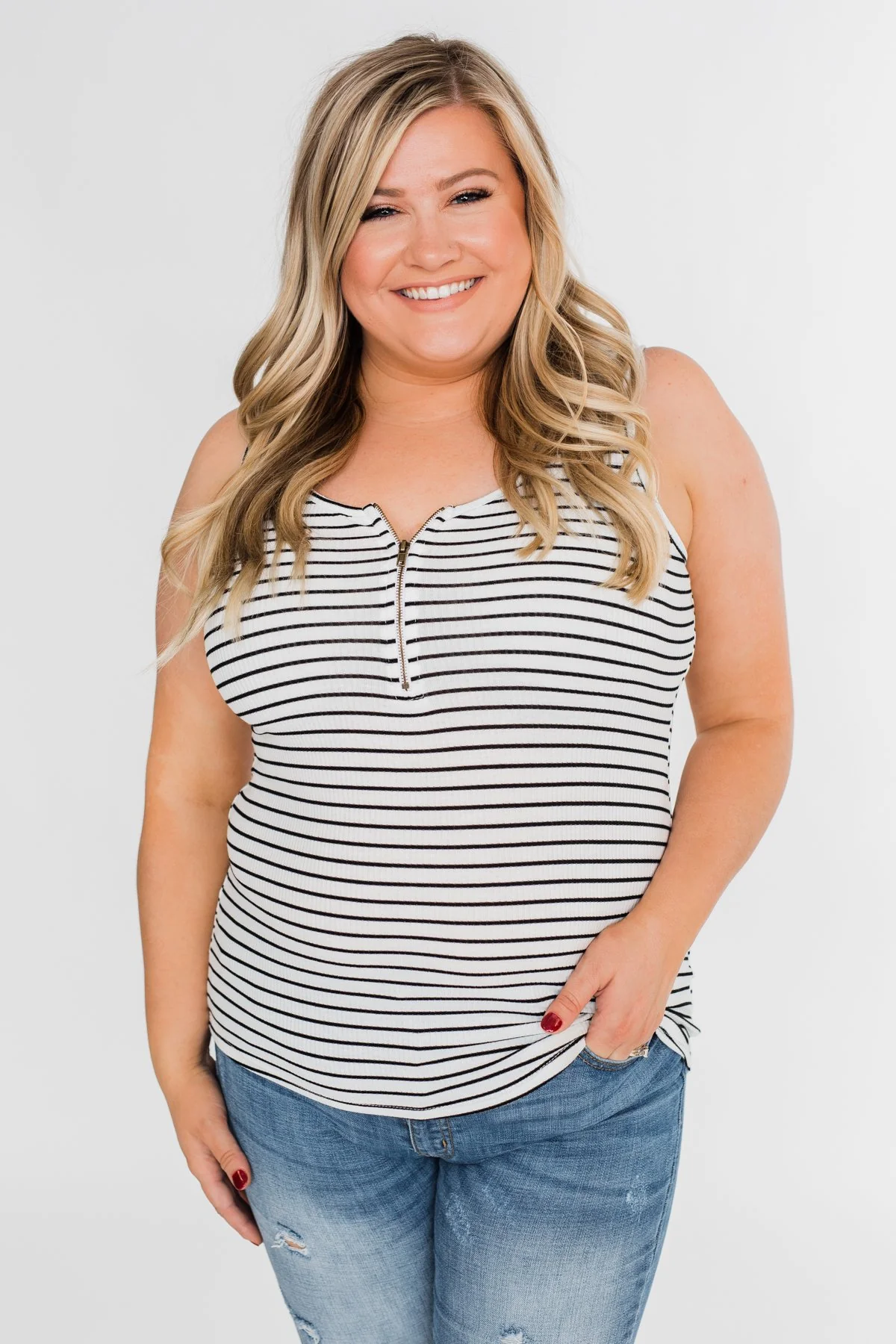 Zipper Tank Top- Black & White Striped - Image 6